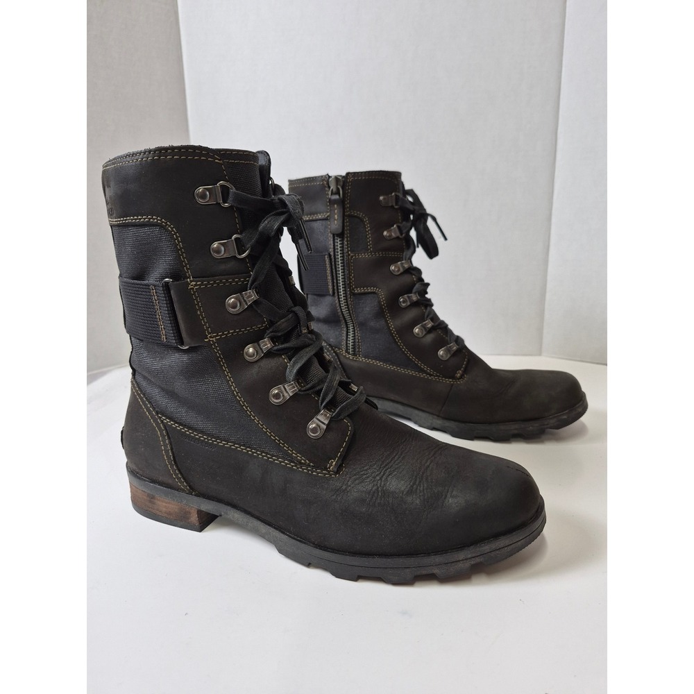 Sorel Phoenix Moto womens 11 Leather Lace Up Side Zip Boots Black Combat